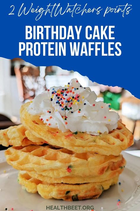 Cake Batter Waffles, Protein Birthday Cake, High Protein Waffles, Healthy Waffle, Birthday Cake Protein, Cake Batter Protein, Waffle Iron Recipes, Healthy Waffles, Waffle Maker Recipes