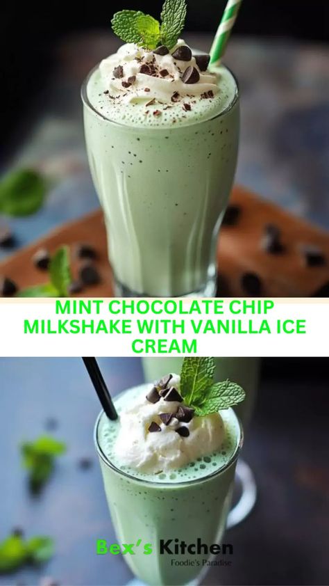 Mint chocolate chip milkshake with vanilla ice cream – Bex’s Kitchen Chocolate Chip Milkshake, Creamy Vanilla Ice Cream, Mint Milkshake, Mint Chocolate Chip Milkshake, Creami Recipes, Mint Chocolate Chip, Frozen Custard, Chocolate Milkshake, Milkshake Recipes