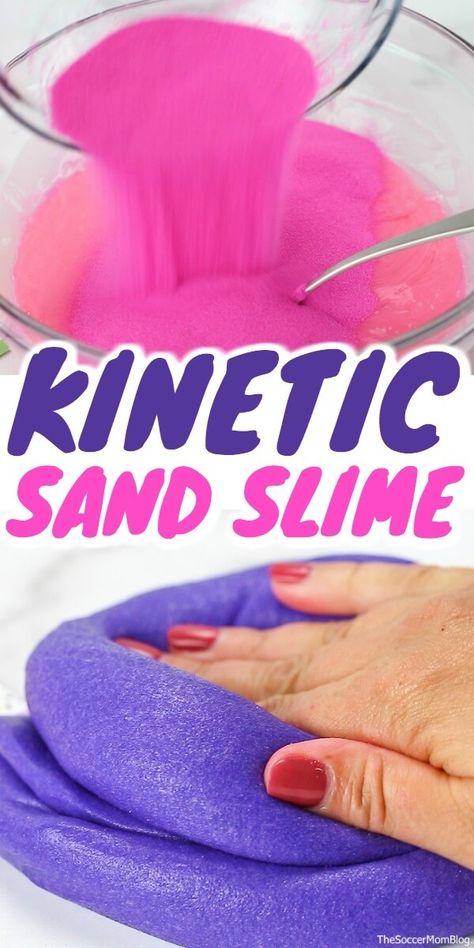 An awesome sensory play experience! Kinetic sand slime is stretchy with a unique texture like no other slime! Slime Activities For Kids, Snow Fizz Slime Recipe, Osh Activities, Kinetic Sand Diy, Sand Slime Recipe, Slime Activities, Sensory Slime, Make Kinetic Sand, Diy Kinetic Sand