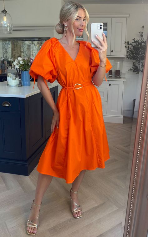 Feature:  - cotton blend midi dress  - oversized puff sleeves   - tie up design on sleeves hem  - two side pockets  - belt included  - bright orange color  - s/m fit uk size 8,10,12,14  - m/l fit uk size 14,16,18,20. Summer, Staycation, puff sleeve, bloat-friendly, Garden Party, Dresses With Sleeves, Party, Going Out, Oversized, Short Sleeve, V-Neck, Midi Bright Party Outfit, Bright Colour Outfit, Festive Dress Code, Orange Dress Outfit, Orange Colour Dress, Orange Dress Outfits, Summer Dinner Outfit, Bright Summer Dresses, Orange Summer Dress