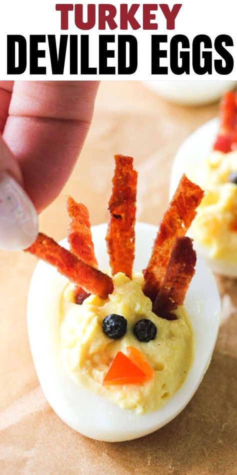 deviled egg that look like turkey with bacon tail Turkey Deviled Eggs, Recipe With Turkey, Cooking Turkey Bacon, Turkey Appetizers, Thanksgiving Deviled Eggs, Deviled Egg Recipe, Devilled Eggs Recipe Best, Cooking Thanksgiving Dinner, Deviled Eggs Recipe Classic