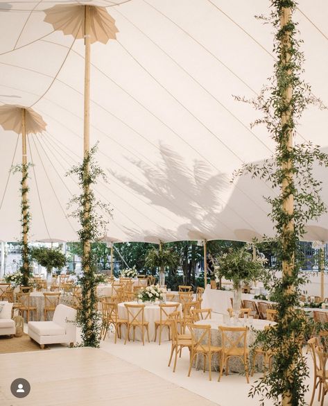 Greenery On Tent Poles, Tent Wedding Greenery, Wedding Tent Pole Decorations, Wedding Tent Florals, Tent Greenery Wedding, Classic Backyard Wedding, Coastal Tent Wedding, Wedding Tent Flowers, Tent Pole Greenery