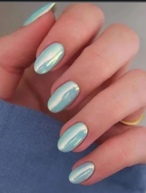 Joy Nails, Sparkle Nail Designs, Fake Acrylic Nails, Short Oval Nails, Blue Chrome Nails, Chrome Nail Art, Chrome Nails Designs, Press On Nails Short, Ombre Nail