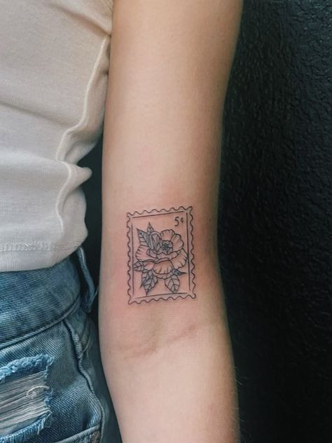 Peony Stamp Tattoo, Cute Bicep Tattoos, Patchwork Arm Tattoo Nature, Floral Postage Stamp Tattoo, Flower Postage Stamp Tattoo, Great Grandma Tattoo, Stamp Tattoo Flower, Tulip Stamp Tattoo, Rose Stamp Tattoo