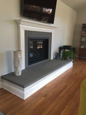 MATERIALS USED: BLUESTONE, THERMAL Bluestone Fireplace, Fireplace Hearth Ideas, Fireplace Hearth Stone, Slate Fireplace Surround, Hearth Ideas, Indoor Fireplaces, Hearth Stone, Fireplace Redo, Slate Fireplace