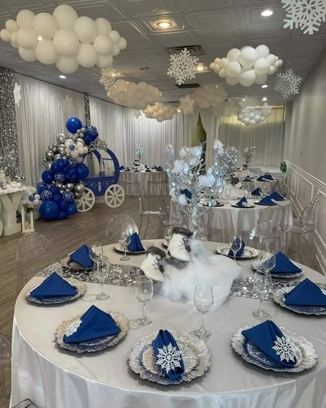 Navy Blue And Silver Wedding Centerpieces Winter Wonderland, Winter Ball Decoration, Cinderella Winter Wonderland, Snow Flake Decorating Ideas, 50th Winter Wonderland Party, Winter Ball Birthday Party, Winter Land Party Theme, Winter Ball Centerpieces, December Sweet 16 Party Ideas Themes