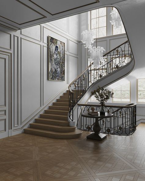 Grand Stairs Design, Neo Classic Stairs, Classic Stair Railing, Neo Classical Staircase, Classical Staircase Design, Georgian Stairs, Classical Staircase, Classic Stairs Design, Elegant Stairs