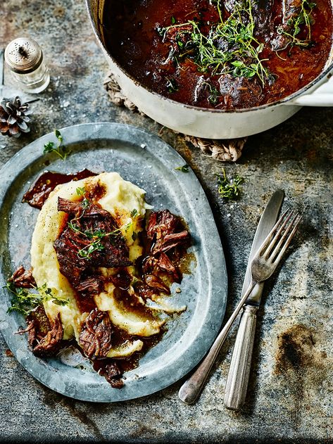 Beef cheeks in red wine | Jamie magazine recipes Beef Stew Dinner Party, Beef Cheek Ragu, Beef Cheeks Recipe, Slow Cooked Beef Cheeks, Fakeaway Recipes, Beef Cheeks, Magazine Recipes, Slow Cooked Beef, Beef Stew Recipe