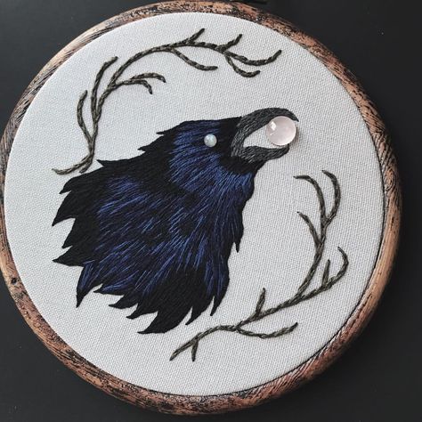 The black crow variant of “Clairvoyant” — this one has an eye of rainbow moonstone and is clutching a rose quartz orb in its beak. This… Crafty Witch, Arte Viking, Creativity Inspiration, Black Crow, Sewing Embroidery Designs, Hand Embroidery Art, Sticker Patches, Hand Embroidery Stitches, Embroidery Hoop Art