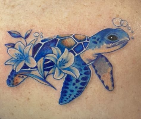 Mother Earth Tattoos For Women, Turtle Tattoo With Name, Dolphin Turtle Tattoo, Sea Turtle Tattoo For Women Sleeve, Plumeria And Turtle Tattoo, Blue Cover Up Tattoo, Sea Turtle Plumeria Tattoo, Small Watercolor Sea Turtle Tattoo, Ocean Turtle Tattoo