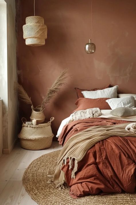 25 Red Boho Style Bedroom Ideas to Consider - Bedroom Earthy, Boho Style Bedroom Ideas, Style Bedroom Ideas, Earthy Bedroom, Boho Style Bedroom, Bedroom Orange, Bedroom Wall Colors, Brown Bedroom, Accent Wall Bedroom