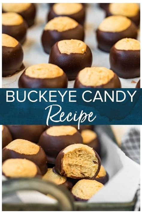 Buckeye candy is such an easy recipe, made with a handful of pantry staple ingredients. These no bake sweets are made with peanut butter and chocolate and are great for the holiday season and for gift giving. Buckeyes Recipe Easy, Best Buckeyes Recipe, Easy Buckeyes, Buckeye Recipe Easy, Buckeye Recipe, Buckeye Candy, Buckeyes Candy, Buckeye Balls, Chocolate Peanut Butter Balls