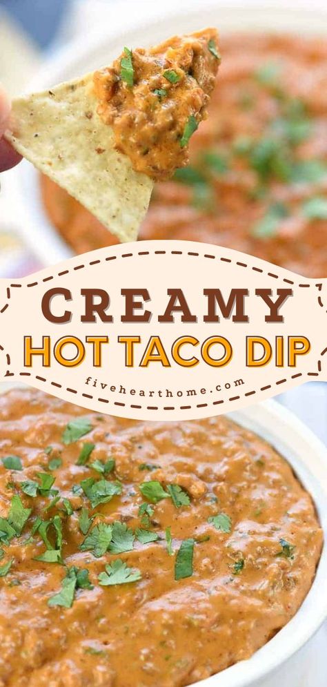 Hot Taco Dip, game day food, football appetizers Taco Dip Recipe With Ground Beef, Super Bowl Snacks Party Appetizers, Ground Beef Taco Dip, Hot Taco Dip, Ground Beef Cream Cheese, Dip Recipes Hot, Cheese Cheddar, Hot Appetizers, Taco Dip