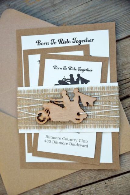 Invitations with wooden motorcycle decor detail Motorcycle Wedding Invitations, Burlap Wedding Invitations, Harley Davidson Wedding, Bike Wedding, Motorcycle Wedding, Rustic Invitation, Biker Wedding, Vintage Chic Wedding, Wedding Invitation Inspiration