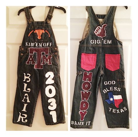 Aggie overalls. Note to Moms, when picking out stencils for their name and your child is a boy, DON'T use the girly looking ones!!!!! He's still going to rock them though! Aggie Overalls, Painted Overalls, Senior Year Diy, Diy Mums, Texas Homecoming Mums, Gig Em Aggies, Homecoming Garter, Senior Overalls, School Spirit Wear