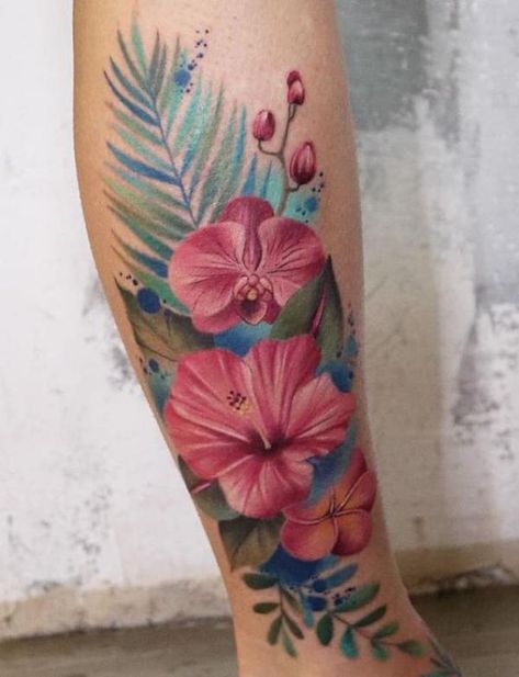 Hibiscus and fern tattoo Orchid Tattoo Meaning, Hibiscus Tattoos, Orchid Tattoos, Tropical Flower Tattoos, Tattoo Designs With Meaning, Hawaiian Flower Tattoos, Designs With Meaning, Hibiscus Flower Tattoos, Anniversary Tattoo