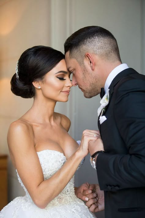 Sleek Wedding Updo, Flowery Wedding Dress, Bridal Updo With Veil, Wedding Bun, Classic Wedding Hair, Bridal Hair Veil, Glam Wedding Makeup, Wedding Bun Hairstyles, Light Pink Wedding