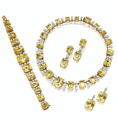 Suite of yellow sapphire and diamond jewelry | Lot | Sotheby's Yellow Sapphire Jewelry, Platinum Necklace, Titanic Jewelry, Necklace And Bracelet Set, International Jewelry, Royal Jewels, Necklace And Bracelet, Sapphire Jewelry, Precious Gems