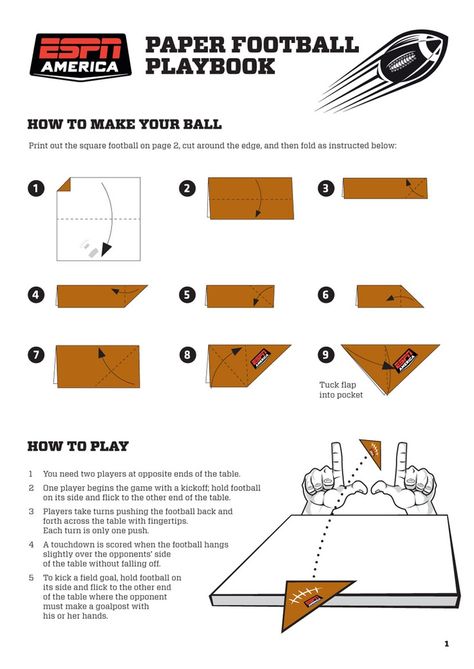 Paper football / 'how to' Superbowl Games, Soccer Rules, Football Playbook, Sport Themed Crafts, Paper Football, Football Activity, Football Template, Thanksgiving Gathering, Football Crafts