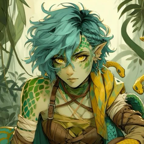 Yuan-ti ranger d&d Snake Inspired Character Design, Yuan Ti Artificer, Dnd Snake People, Dnd Yuan Ti Character Art, Fantasy Race Concept Art, Yuanti Pureblood, Yuan Ti Pureblood Male, Plant Person Character, Dnd Monster Art