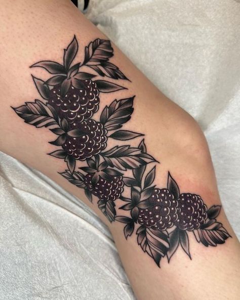 Blackberry Tattoo Design, Blackberry Tattoos, Traditional Knee Cap Tattoo, Blackberry Vine Tattoo, Blackberries Tattoo, Around The Knee Tattoo, Traditional Knee Tattoo, Quail Tattoo, Berry Tattoo