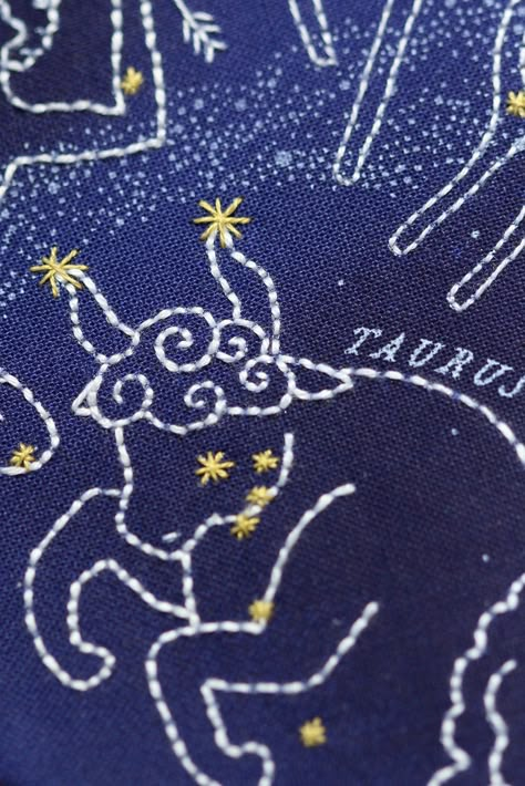 Based on historical planispheres, Star Map depicts the twelve zodiac signs as well as many of the other constellations that appear in the Northern Hemisphere. Screen printed layers of ink wash and illustration come together on fabric to create this stylized map that is a multi-level embroidery project! This hoop kit is either a Level 1 or 2: for a quick and simple project, stitch only the golden stars over the illustrated figures, or for a more intensive project, use a range of easy stitches ove Dmc Embroidery Floss, Easy Stitch, Star Embroidery, Ink Wash, Star Map, Embroidery Inspiration, Embroidery Floss, Embroidery Projects, Embroidery Kits