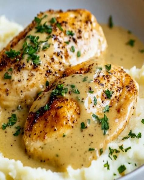 Chicken with creamy Dijon sauce served over mashed potatoes – a delicious, easy one-pan meal perfect for weeknight dinners Baked Chicken Mashed Potatoes, Creamy Chicken And Mashed Potatoes, Chicken With Mashed Potatoes, Chicken And Mashed Potatoes, Chicken Mashed Potatoes, Dijon Chicken, Fluffy Mashed Potatoes, Duck Recipes, Special Dinner