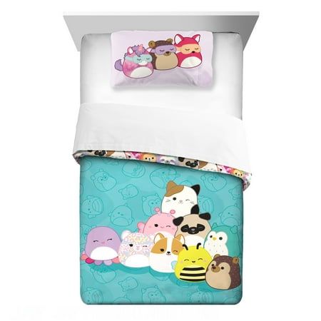 Immerse yourself in the world of Squishmallows with this fun comforter and pillowcase set. Featuring a colorful and playful design inspired by the adorable Squishmallows. This bedding set includes a soft and cozy comforter and matching pillowcase, and features a group of iconic Squishmallows. The reversible comforter allows for an instant change of style, and with measurements of 72 in x 86 in, it fits both twin and full-size beds. Made from 100% polyester microfiber, this set is machine washabl Squishmallow Bedroom, Squishmallow Room, Adorable Squishmallows, Summer Smoothies, Diy Gift Set, Bedroom Items, Reversible Comforter, Nails Today, Dust Ruffle