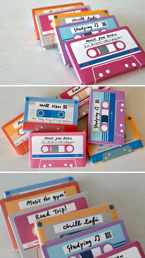 Diy Gift For Music Lover, Diy Cassette Tape Cardboard, Music Valentines Cards, Cassette Tape Art Diy, Cassette Tapes Aesthetic, Diy Cassette, Vhs Crafts, Paper Cassette, Cassette Tape Crafts