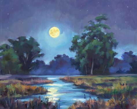 Mountain Painting Acrylic, Wine And Paint Night, Moody Painting, Moonlight Painting, Landscape Painting Tutorial, Night Sky Painting, River Painting, Silhouette Painting, Summer Painting