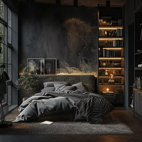 Dark Theme Modern Bedroom, Modern Industrial Glam Bedroom, Dark Bedroom Office, Mens Rustic Bedroom Ideas, Black Bedroom With Black Ceiling, Dark Bedroom Theme, Modern Ranch Bedroom Ideas, Mens Interior Design Bedroom, Modern Dark Wood Bedroom