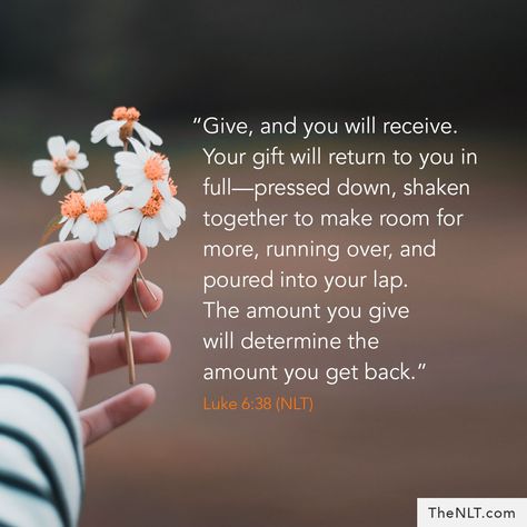 "Give, and you will receive. Your gift will return to you in full—pressed down, shaken together to make room for more, running over, and poured into your lap. The amount you give will determine the amount you get back." Luke 6:38, NLT  #ReadTheNLT #WordsOfJesus #GiveToReceive #RunningOver #Overflowing Receiving Gifts Quotes, Quotes About Joy, Bible Verse About Giving, Pressed Down Shaken Together, Quotes About Giving, Luke 6 38, Giving Quotes, Ram Dass, Luke 6