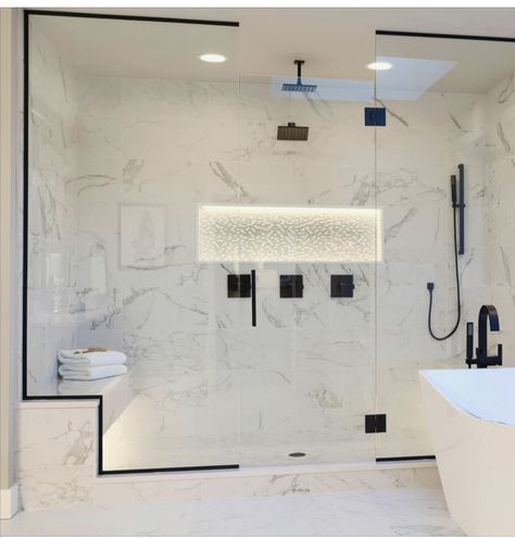 Double Shower Bathroom, Master Bath Closet, Rainforest Shower, Clean Shower Doors, New Bathroom Designs, Bathroom Downstairs, Master Bath Renovation, Bath Closet, Small Bathroom Layout