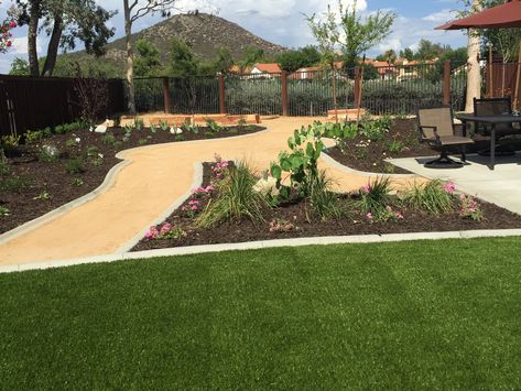 DG Decomposed Granite Pathways and Artificial Turf #McCabes Zero Landscape, Artificial Grass Patio, Decomposed Granite Patio, Turf Backyard, Low Water Landscaping, Small Patio Design, Decomposed Granite, Front Garden Landscape, Landscape Construction