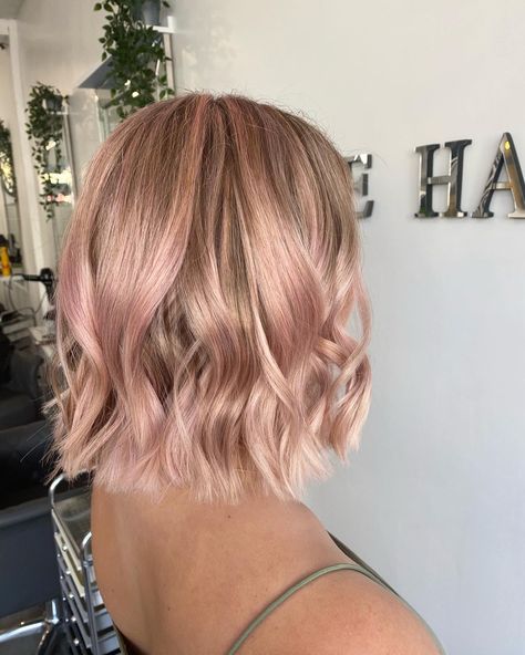 Blush pink bob waves short hair candy floss - done by GlamLuxe Pink Bob Balayage, Blonde Pink Short Hair, Blush Blonde Balayage, Subtle Pink In Hair, Blush Pink Blonde Hair, Blond Pink Balayage, Short Pink Blonde Hair, Blush Hair Color Blondes, Pink Blonde Short Hair