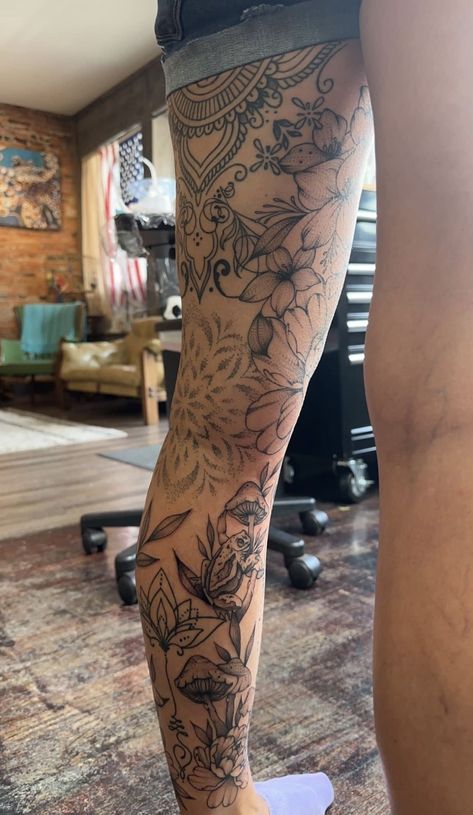 Sunset Leg Tattoo, Leg Ditch Tattoos, Women’s Tattoo Shin, Mandala Back Leg Tattoo, Back Of Leg Mandala Tattoo, Leg Sleeve Filler Tattoos, Floral Leg Piece, Womens Full Leg Sleeve Tattoo, Woman’s Leg Sleeve