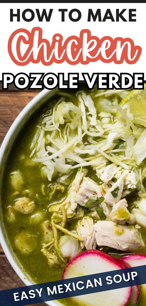 Dive into the rich flavors of Mexico with this Easy & Homemade Chicken Verde! A simple green pozole recipe that's sure to impress with its simmered-to-perfection goodness. This dish is both delicious and easy, making it perfect for anyone wanting to explore authentic Mexican cuisine. Made right on your stove top—no fuss, no frills, but all the scrumptious taste! Try making this pozole verde de pollo today. Guaranteed to satisfy your culinary cravings! Pasole Recipe Chicken Green Crockpot, Easy Green Pozole Recipe Chicken, Mexican Chicken Pozole Verde, Crockpot Pozole Verde, Easy Crockpot Posole, How To Make Green Pozole, Easy Chicken Pozole Verde, Green Chicken Pozole Recipe Crock Pot, Green Chili Chicken Posole Pozole Recipe