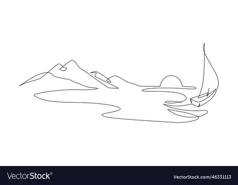 Sea Line Art, Adventure Line Art, Sunset Line Art, Sailing Drawing, Beach Line Art, Sunset Simple, Waterfall Tattoo, Grandpa Tattoo, Adventure Illustration