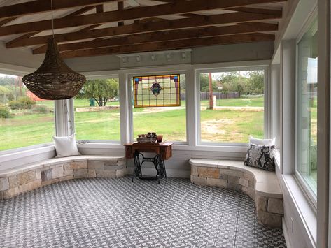 The carport was converted into an English conservatory style dining room. The pine rafters were hidden above the vinyl siding ceiling. Eight picture windows flood the room with natural light. Carport Patio Makeover, Close In Carport Ideas, Closed In Carport, Screened In Porch To Sunroom, Enclosing A Carport, Converted Carport, Attached Carport Ideas, English Conservatory, Sunroom Conversion