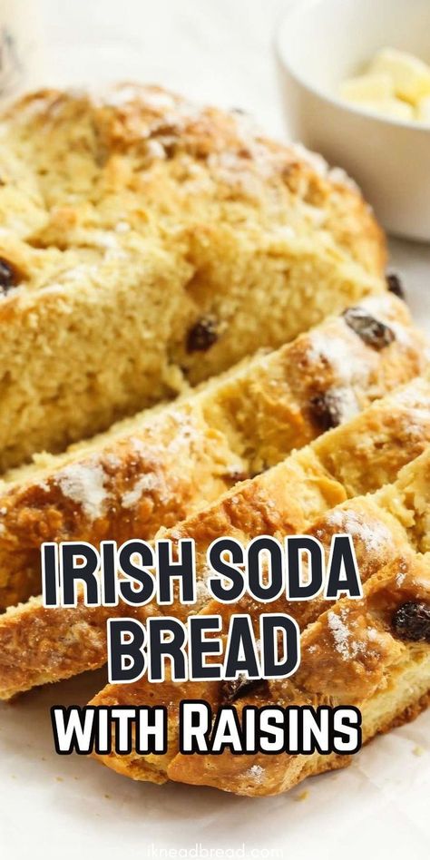 Irish Soda Bread with Raisins is a traditional Irish
 bread known for its simple ingredients, dense crumb, and delightful 
sweetness from raisins. This bread relies on baking soda as the 
leavening agent, making it quick and easy to prepare. Studded with plump raisins, it's a delicious balance of sweet and 
savory flavors, perfect for enjoying on its own, toasted with butter, or
 alongside a hearty stew. No Knead Irish Soda Bread, Golden Raisin Bread, Irish Soda Bread With Raisins, Irish Soda Bread Recipe Traditional, Irish Food Traditional, Dinner Bread Recipes, Irish Soda Bread Easy, Recipe For Irish Soda Bread, Soda Bread With Raisins