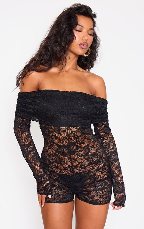 This black lace bardot playsuit is here to banish any of your what to wear dilemmas. Brought to you in a black lace material with a bardot design, we can t get enough. From start to finish this unreal playsuit will have you looking totally on-trend. For a next-level look simply style with a pair of heels and your fave accessories. It s a yes from us doll.   Length approx 58cm/23 (Based on a sample size UK 8)   Model wears size UK 8/ EU 36/ AUS 8/ US 4   Model Height - 5ft 6 Green Swimsuit Bikinis, Two Piece Dress Casual, Petite Swimwear, Animal Print Swimwear, Ny Outfits, Two Piece Set Pants, All Black Dresses, Swimsuit Trends, Female Transformation