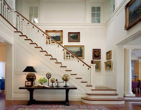 Design with an Art Lover in Mind: http://www.deringhall.com/daily-features/contributors/dering-hall/design-with-an-art-lover-in-mind Staircase Molding, Stairs Trim, Wood Floor Design, Contemporary Stairs, Craftsman Style Home, Dark Wood Floors, Chair Rail, Railing Design, Staircase Design