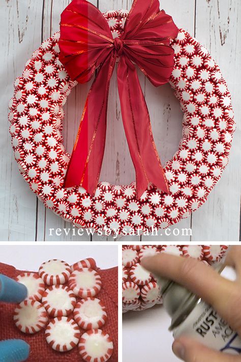 Peppermint Candy Wreath - Reviews by Sarah ™ Christmas Dollar Tree Crafts, Candy Wreath Diy, Peppermint Candy Crafts, Peppermint Candy Bowl, Christmas Dollar Tree, Candy Cane Wreath Diy, Peppermint Candy Ornaments, Candy Cane Crafts, Candy Wreath