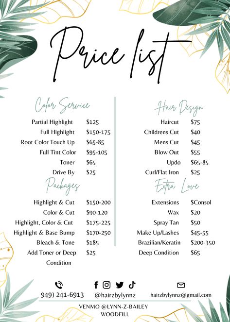 Hair Salon Menu Price List, Hairstylist Service List, Hair Services Price List, Hair Salon Price List Ideas, Salon Price List Ideas, Spray Tan Price List, Hair Price List Ideas, Hairstylist Price List, Hair Marketing