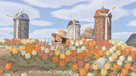 Animal Crossing Tulip Field, Acnh Windmill Ideas, Acnh Tulip Field, Acnh Farmcore, Animal Crossing Wiki, Garden Windmill, Tulip Field, Animal Crossing 3ds, Leaf Animals