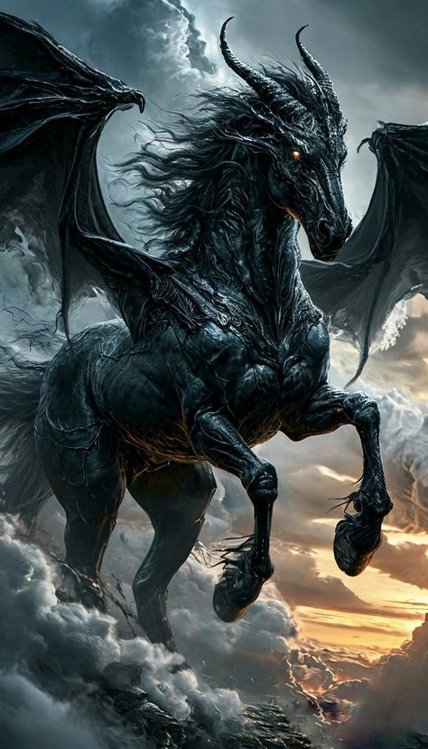 Fantasy Animals Aesthetic, Dragon Horse Hybrid, Mythical Female Creatures, Unicorn Aesthetic Dark, Dark Pegasus, Fantasy Horse Art, Dark Fantasy Creatures, Demon Horse, Monster Creature Design