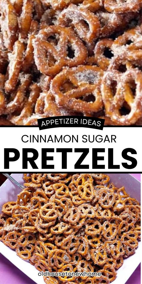 Cinnamon and sugar pretzels recipe. The salty and sweet combo of these are what make them so good! Bar Pretzels Recipe, Brown Sugar Pretzels Baking, Sweet Pretzels Recipe, Appetizers With Pretzels, Salt And Vinegar Pretzels, Favorite Finger Foods, Pretzel Recipes Snacks Sweet, Snyders Pretzels Recipes, Cinnamon Pretzels Recipe