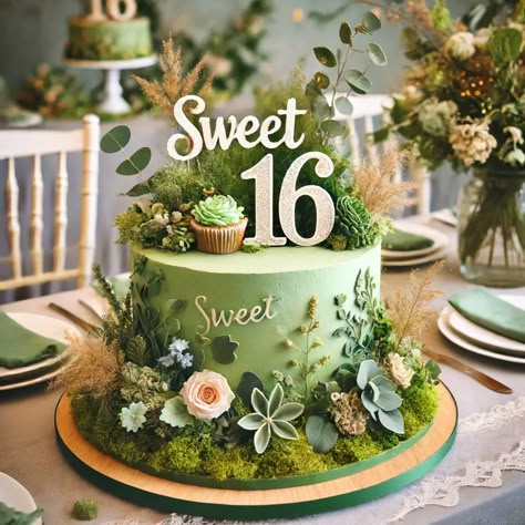 Nature-Inspired Cake - A sweet 16 birthday cake with a nature-inspired theme, featuring green and earthy tones, floral decorations, and a 'Sweet 16' topper. Ideal for an earthy celebration. Nature Birthday Cake Ideas, Sage Green And Gold Sweet 16 Cake, Earthy Cake Design, Birthday Cake Forest Theme, Garden Party Sweet 16 Theme, Enchanted Forest Themed Sweet 16, Forest Green Birthday Cake, Nature Theme Birthday Cake, Nature Themed Sweet 16