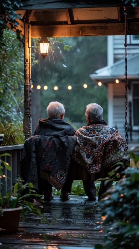 Cozy Rainy Evening: Two elderly individuals wrapped in a blanket on a porch, enjoying a quiet rainy evening together. #elderly #blanket #porch #rain #evening #aiart #aiphoto #stockcake ⬇️ Download and 📝 Prompt 👉 https://ayr.app/l/yJCz Rainy Day Relaxing, Rainy Porch, Rain Evening, Cozy Rain, Rainy Day Pictures, Rain Video, Healing Place, Wrapped In A Blanket, Irish Interiors