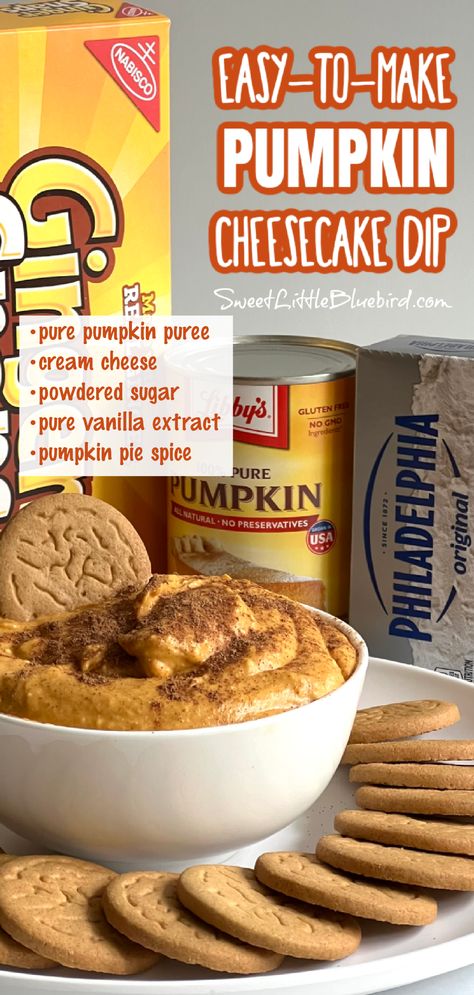 This image shows Pumpkin Cheesecake Dip served in a bowl on a plate surrounded by gingersnap cookies. Behind the dip is a box of gingersnap cookies, a can of pure pumpkin purée and a box of cream cheese. There is a text overlay on the photo listing the ingredients needed to make the dip - pure pumpkin purée, cream cheese, powdered sugar, pure vanilla extract and pumpkin pie spice. Cheesecake Dip Easy, Easy Pumpkin Cheesecake, Pumpkin Cheesecake Dip, Dip Easy, Leftover Recipes, Pumpkin Dip, Cheesecake Dip, Cheese Pumpkin, Autumn Recipes